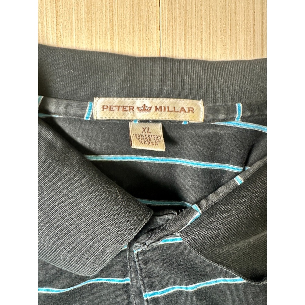 Peter Millar Polo Shirt Mens XL Black Blue Striped Baltusrol Logo Golf‎ Pullover - Picture 3 of 6